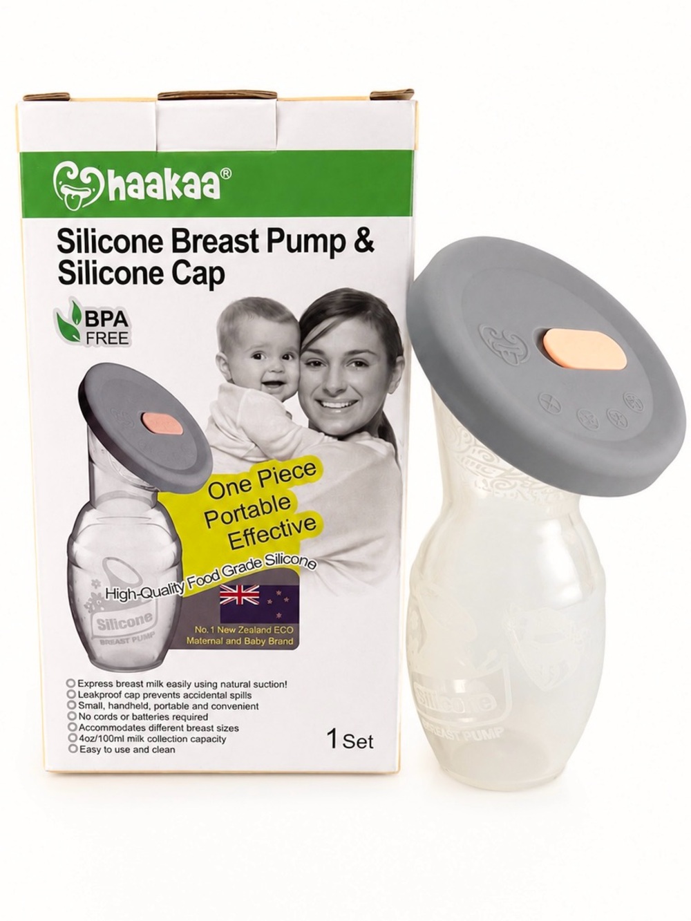 Haakaa Silicone Breast Pump & Silicone Cap Set 4oz/100ml Gray BPA Free